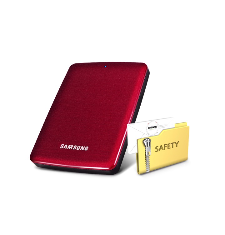 Safety가 쓰여진 폴더이미지 옆에 버건디컬러 외장HDD가 놓여져 있습니다.