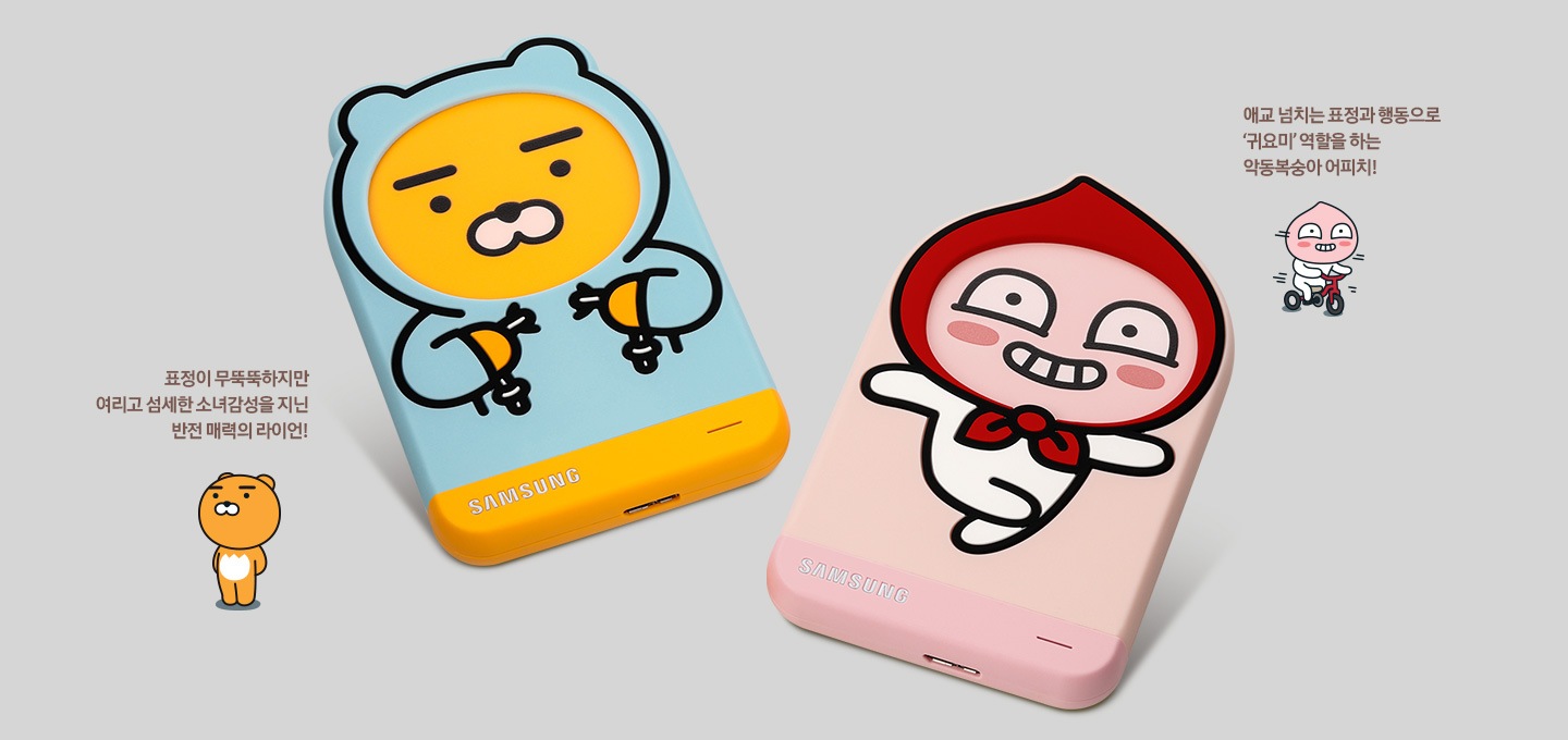 왼쪽에는 표정이 무뚝뚝하지만 여리고 섬세한 소녀감성을 지닌 반전 매력의 라이언! 문구와 라이언 외장 HDD가 있고, 오른쪽에는 애교 넘치는 표정과 행동으로 '귀요미' 역할을 하는 악동복숭아 어피치! 문구와 어피치 외장 HDD가 있습니다.