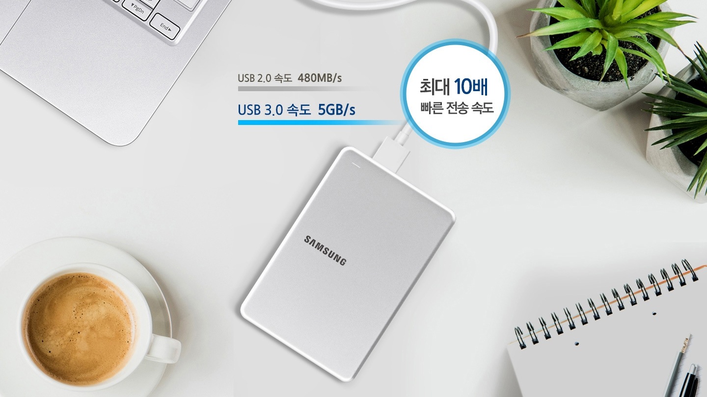 테이블 위 노트북에 연결되어있는 외장HDD를 보여주고 있습니다.    USB 3.0은 5GB/s 속도로 USB 2.0의 480 MB/s 속도 대비 최대 10배 전송 속도가 빠르다는 것을 그래프로 비교하여 보여주고 있습니다.