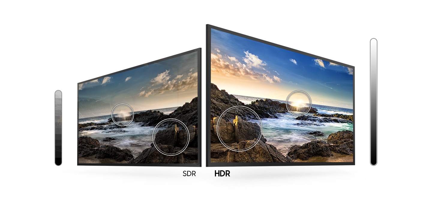 TV 45도 컷이 보입니다. TV 베젤안에 암벽과 파도치는 바다가 보입니다. 좌 : SDR 화면으로 이미지가 밝고 어두운 부분이 구분이 되지 않고 전체적으로 어둡게 표현되었습니다. 우 : HDR 화면으로 이미지가 밝고 어두운 부분이 디테일하게 표현이 되었습니다.
