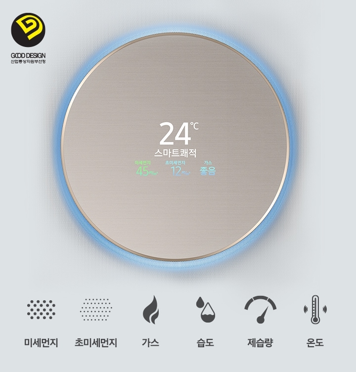 24도로 스마트 쾌적 중인 공기청정 UI가 보여지는 Q9500  제품의 에어 디스플레이가 클로즈업되어 있습니다.(미세먼지, 초미세먼지, 가스, 습도, 제습량, 온도 6개 아이콘 노출), 좌측 상단 산업통산자원부선정 GOOD DESIGN 마크 노출