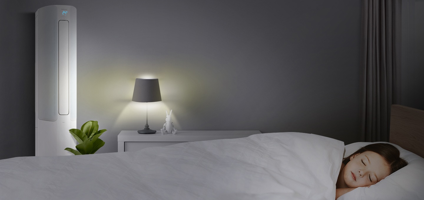 무풍에어컨의 무풍 열대야 쾌면 기능에 잠을 자는 아이의 모습