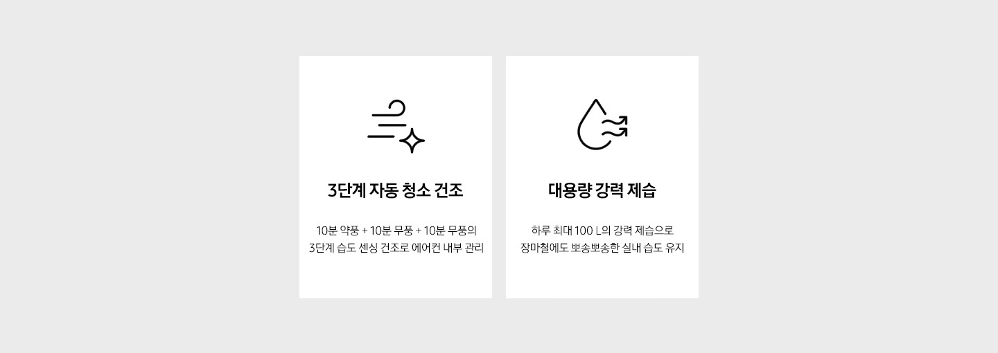 3단계 자동 청소 건조, 대용량 강력 제습을 설명하는 텍스트와 아이콘이 보여지고 있습니다.