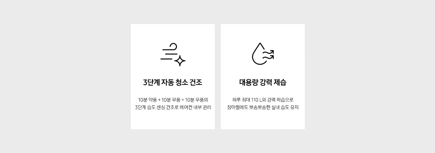 3단계 자동 청소 건조, 대용량 강력 제습을 설명하는 텍스트와 아이콘이 보여지고 있습니다.