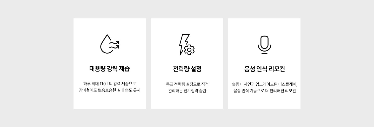 왼쪽부터 순서대로 '대용량 강력 제습. 하루 최대 110 L의 강력 제습으로 장마철에도 뽀송뽀송한 실내 습도 유지' 문구와 아이콘, '전력량 설정. 목표 전력량 설정으로 직접 관리하는 전기절약 습관' 문구과 아이콘, '음성 인식 리모컨. 슬림 디자인과 업그레이드된 디스플레이, 음석 인식 기능으로 더 편리해진 리모컨' 문구과 아이콘이 보입니다.