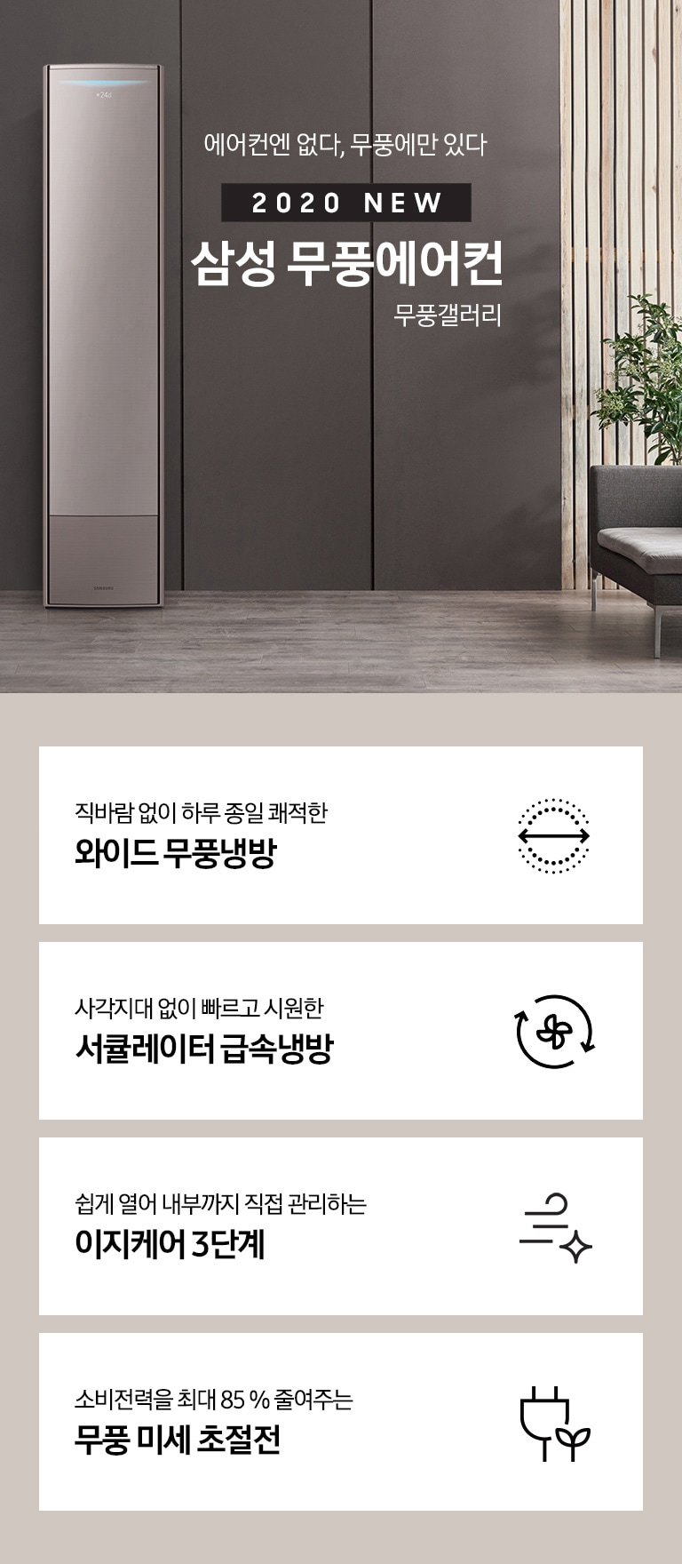 에어컨엔 없다, 무풍에만 있다. 2020 NEW 삼성 무풍에어컨 무풍 갤러리 문구와 제품 정면 이미지가 보입니다. 하단에는 직바람 없이 하루종일 시원한 와이드 무풍냉방 문구와 아이콘, 사각지대 없이 빠르고 시원한 서큘레이터 급속냉방 문구와 아이콘, 전기 사용량을 최대 85 % 줄여주는 무풍 미세 초절전 문구와 아이콘이 보입니다.