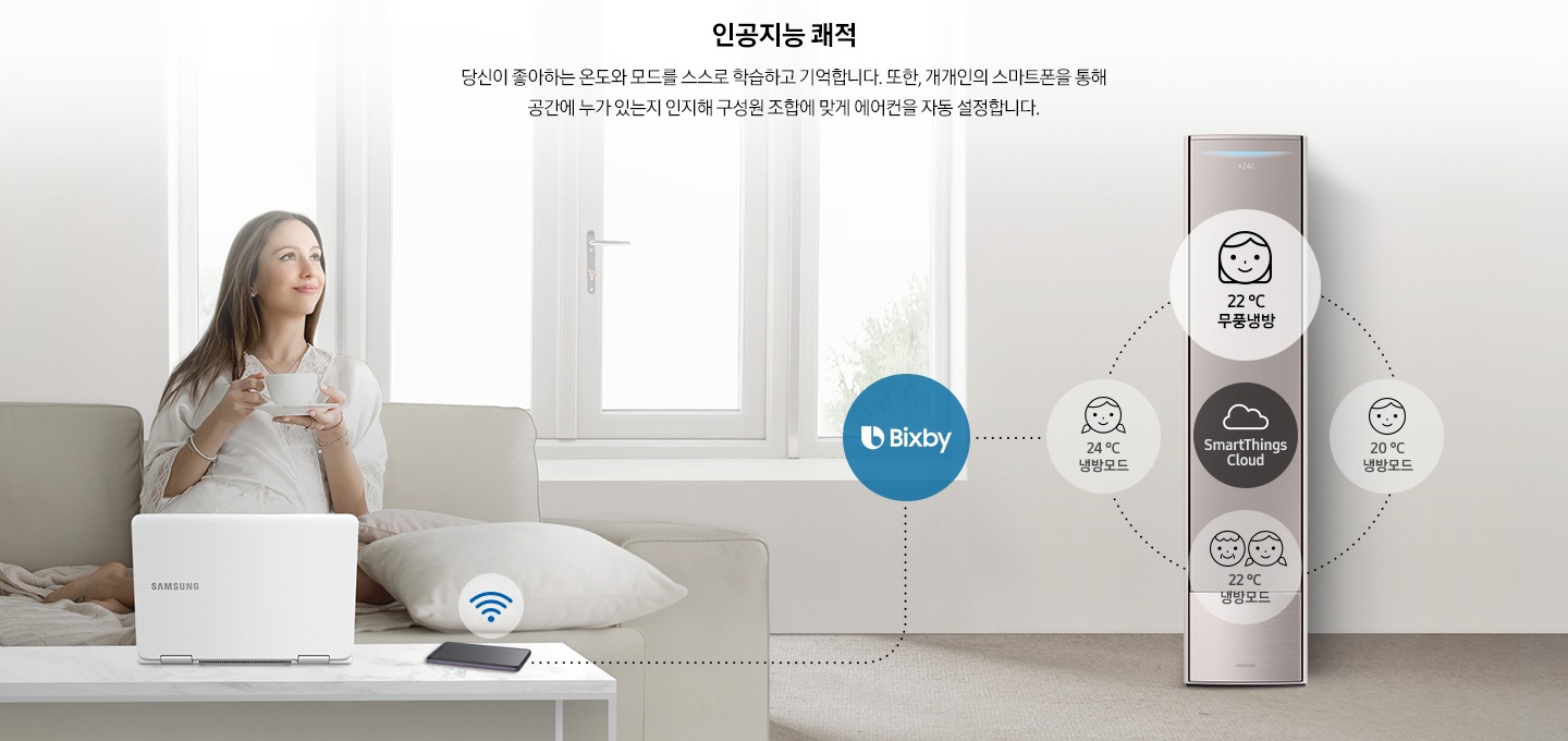 개개인의 스마트폰을 통해 에어컨이 공간에 누가 있는지 인지해 작동하는 화면이 연출되고 있습니다.