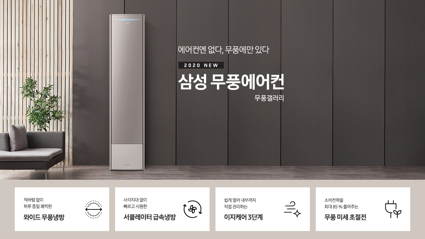에어컨엔 없다, 무풍에만 있다. 2020 NEW 삼성 무풍에어컨 무풍 갤러리 문구와 제품 정면 이미지가 보입니다. 하단에는 직바람 없이 하루종일 시원한 와이드 무풍냉방 문구와 아이콘, 사각지대 없이 빠르고 시원한 서큘레이터 급속냉방 문구와 아이콘, 전기 사용량을 최대 85 % 줄여주는 무풍 미세 초절전 문구와 아이콘이 보입니다.