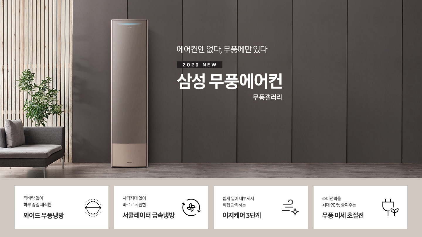 에어컨엔 없다, 무풍에만 있다. 2020 NEW 삼성 무풍에어컨 무풍 갤러리 문구와 제품 정면 이미지가 보입니다. 하단에는 직바람 없이 하루종일 시원한 와이드 무풍냉방 문구와 아이콘, 사각지대 없이 빠르고 시원한 서큘레이터 급속냉방 문구와 아이콘, 전기 사용량을 최대 90% 줄여주는 무풍 미세 초절전 문구와 아이콘이 보입니다.