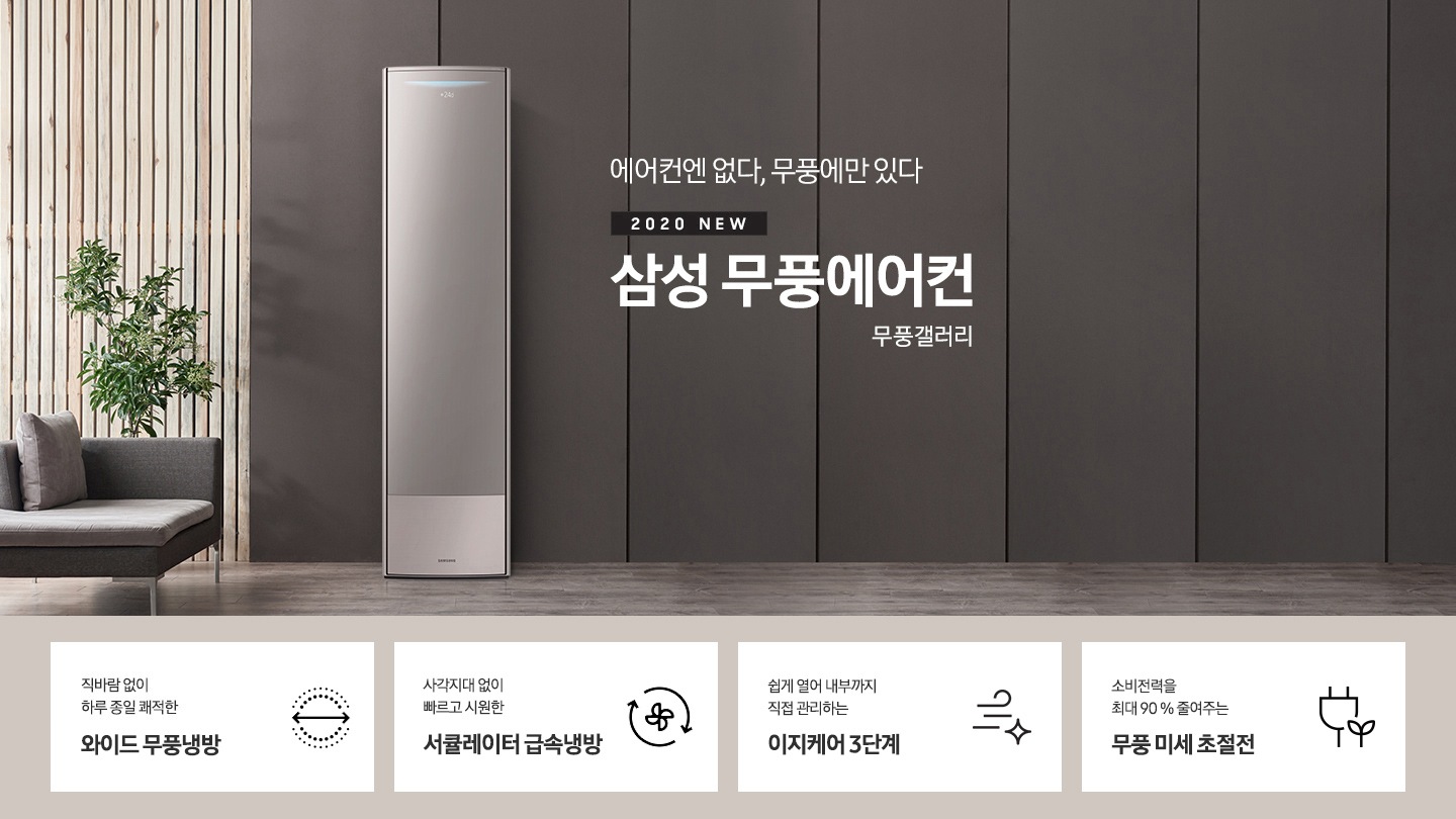 에어컨엔 없다, 무풍에만 있다. 2020 NEW 삼성 무풍에어컨 무풍 갤러리 문구와 제품 정면 이미지가 보입니다. 하단에는 직바람 없이 하루종일 시원한 와이드 무풍냉방 문구와 아이콘, 사각지대 없이 빠르고 시원한 서큘레이터 급속냉방 문구와 아이콘, 전기 사용량을 최대 90% 줄여주는 무풍 미세 초절전 문구와 아이콘이 보입니다.