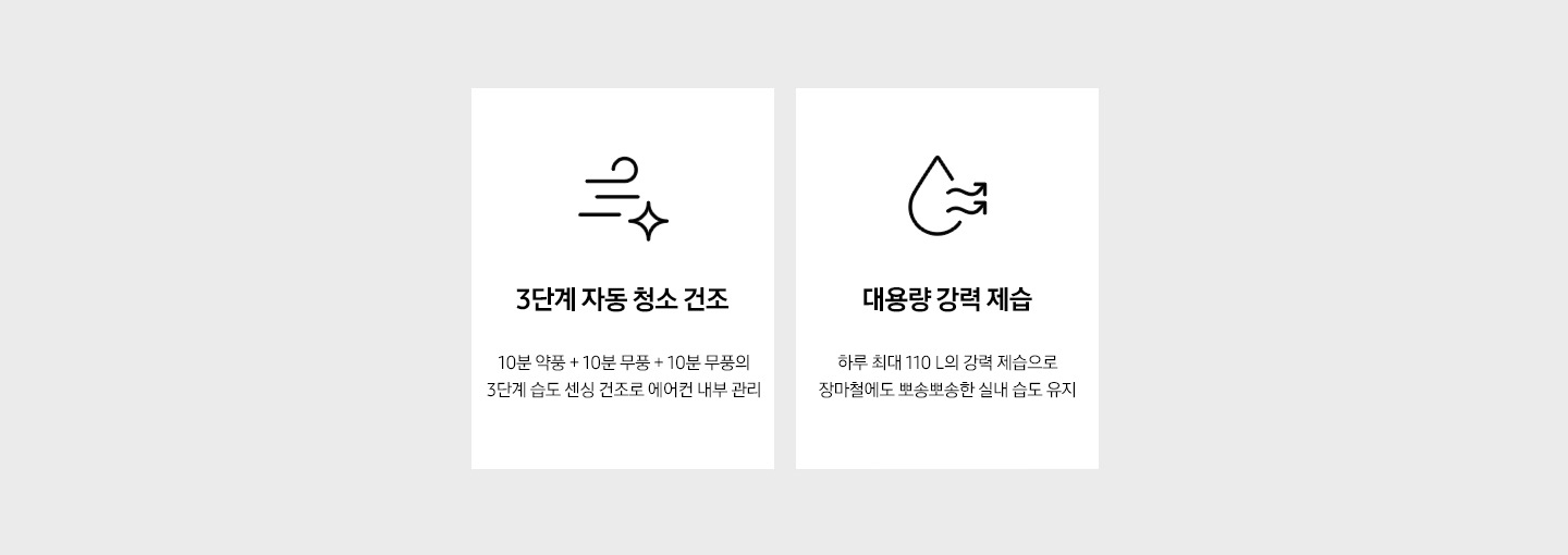 3단계 자동 청소 건조, 대용량 강력 제습을 설명하는 텍스트와 아이콘이 보여지고 있습니다.