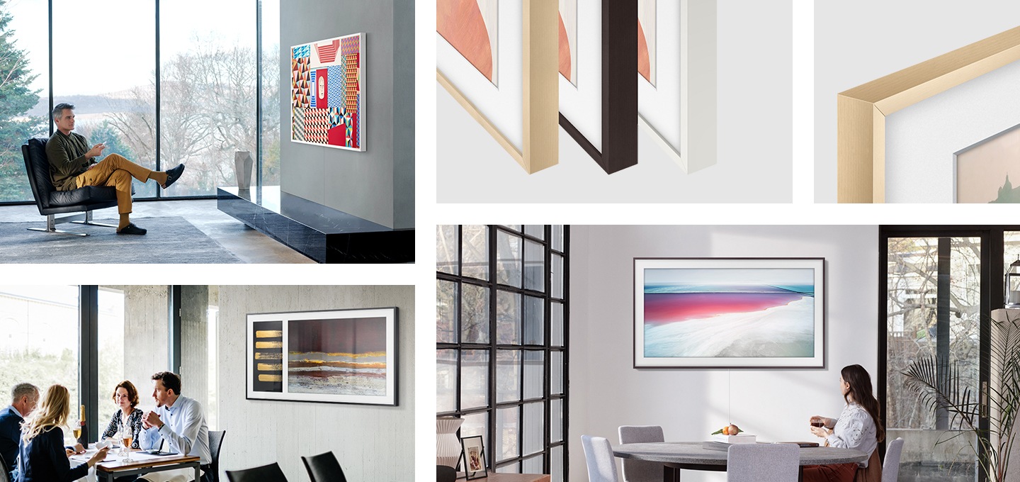 왼쪽 위부터 시계방향으로 총 5개의 이미지 컷이 있습니다. 첫 번째 이미지는 거실 중앙에 남성이 의자에 앉아 벽면에 걸려있는 화이트 프레임이 설치된 TV를 보고 있습니다. 스크린에는 여려가지 문양들이 있습니다. 두 번째 이미지에는 TV 우측 하단 상세 컷이 총 3개가 있으며 순서대로 베이지, 브라운, 화이트 프레임이 장착되어 있습니다. 세 번째 이미지는 베이지 프레임이 장착된 TV의 좌측 상단 상세 컷입니다. 네 번째 이미지는 여성이 다이닝 룸에 않아 벽에 걸린 TV를 보고 있습니다. TV에는 브라운 프레임이 장착되어 있으며, 스크린에는 붉은 색 물이 파도치고 있는 화면이 보입니다. 마지막 이미지는 식당에서 남자 2, 여자 2이 식사 중에 있으며, 뒤 벽면에 TV가 액자처럼 걸려있습니다ㅏ.