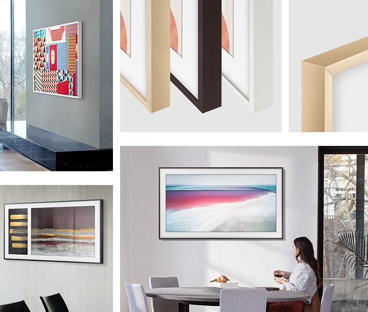 왼쪽 위부터 시계방향으로 총 5개의 이미지 컷이 있습니다. 첫 번째 이미지는 거실 중앙에 남성이 의자에 앉아 벽면에 걸려있는 화이트 프레임이 설치된 TV를 보고 있습니다. 스크린에는 여려가지 문양들이 있습니다. 두 번째 이미지에는 TV 우측 하단 상세 컷이 총 3개가 있으며 순서대로 베이지, 브라운, 화이트 프레임이 장착되어 있습니다. 세 번째 이미지는 베이지 프레임이 장착된 TV의 좌측 상단 상세 컷입니다. 네 번째 이미지는 여성이 다이닝 룸에 않아 벽에 걸린 TV를 보고 있습니다. TV에는 브라운 프레임이 장착되어 있으며, 스크린에는 붉은 색 물이 파도치고 있는 화면이 보입니다. 마지막 이미지는 식당에서 남자 2, 여자 2이 식사 중에 있으며, 뒤 벽면에 TV가 액자처럼 걸려있습니다ㅏ.