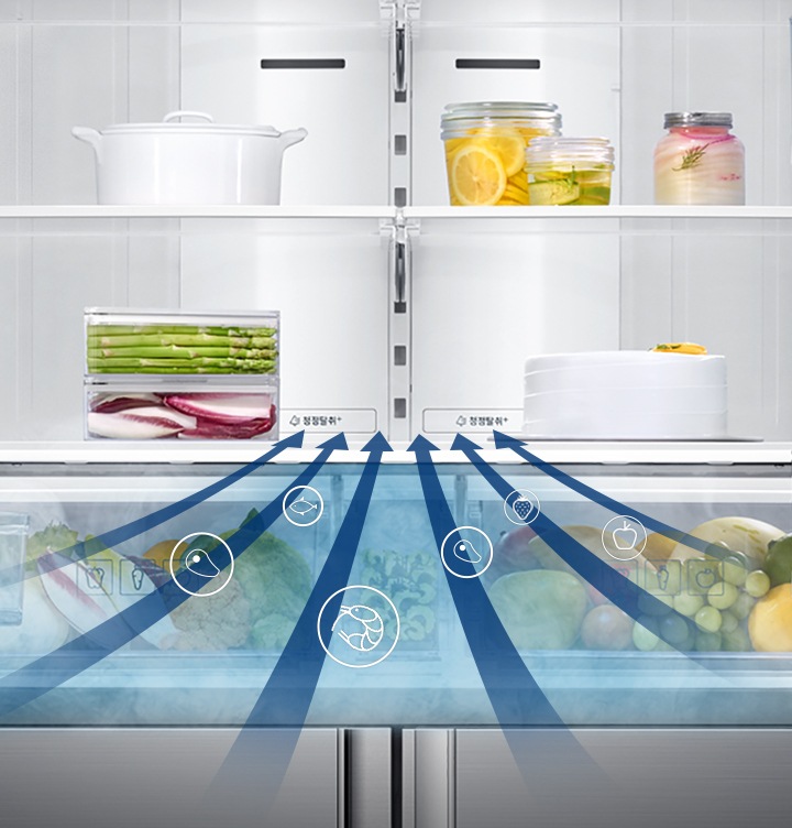 냉장고 안의 청정탈취+부분으로 냉장고 안의 잡내가 빨려 들어가는 모습이 보여지고 있습니다.