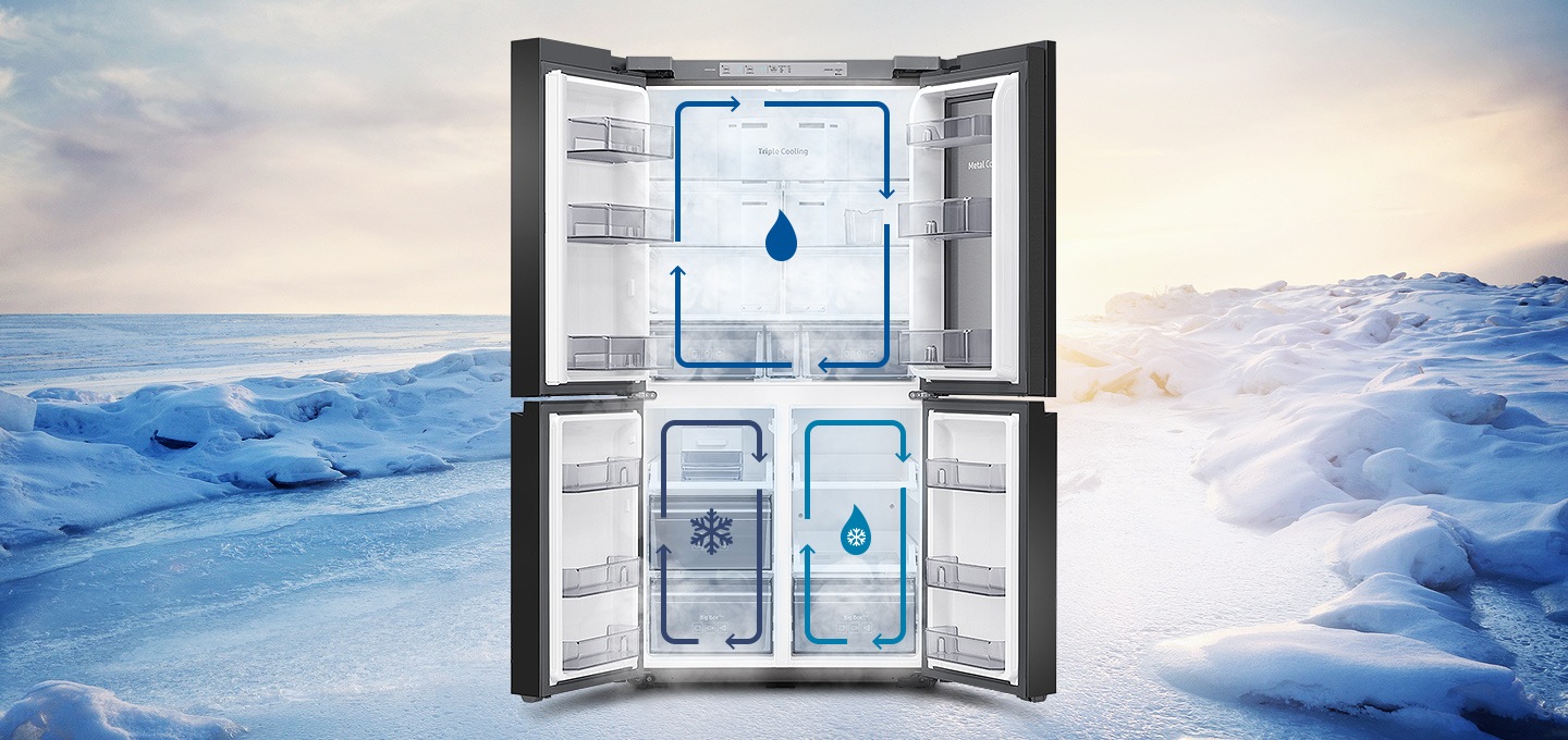 눈밭을 배경으로 상하칸 문이 열린 제품의 모습이 보여지고, 상칸과 하칸에 각각 트리플 독립냉각을 나타내는 인포그래픽이 보여집니다.