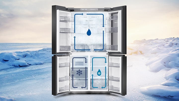 눈밭을 배경으로 상하칸 문이 열린 제품의 모습이 보여지고, 상칸과 하칸에 각각 트리플 독립냉각을 나타내는 인포그래픽이 보여집니다.