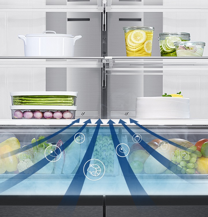 냉장고 안의 청정탈취+부분으로 냉장고 안의 잡내가 빨려 들어가는 모습이 보여지고 있습니다.