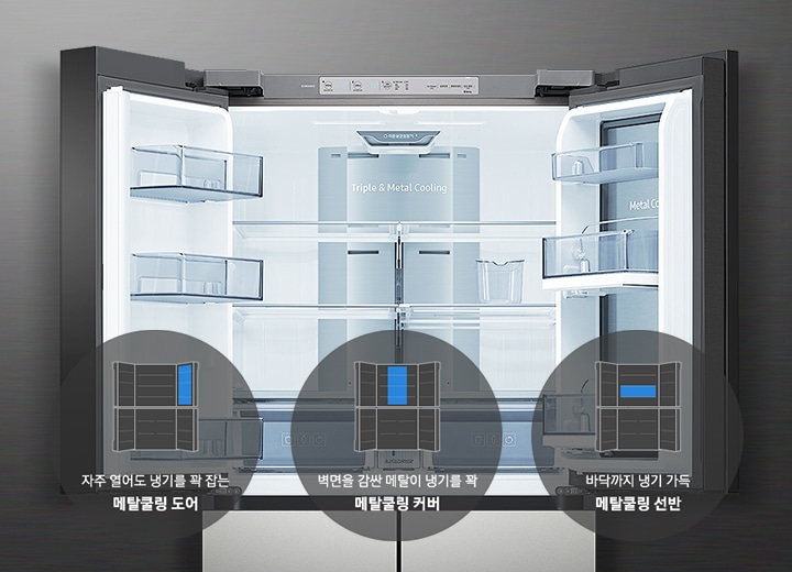 냉장고 내부가 보여지고 그 아래 메탈쿨링 커버, 도어, 선반의 아이콘과 텍스트가 보여집니다.