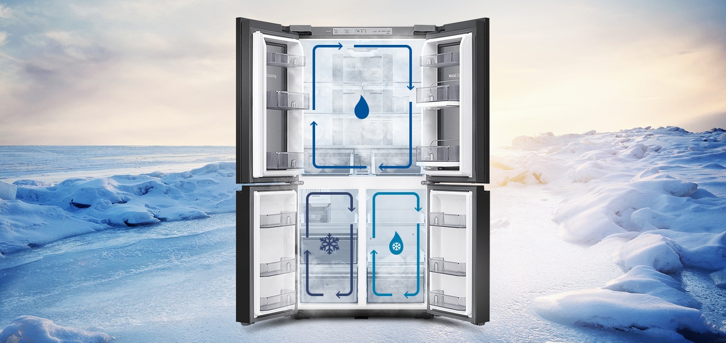 눈밭을 배경으로 상하칸 문이 열린 제품의 모습이 보여지고, 상칸과 하칸에 각각 트리플 독립냉각을 나타내는 인포그래픽이 보여집니다.