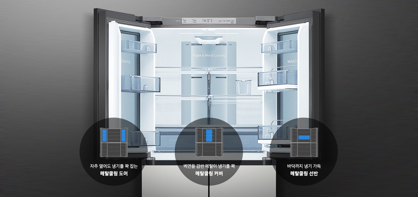 냉장고 내부가 보여지고 그 아래 메탈쿨링 커버, 도어, 선반의 아이콘과 텍스트가 보여집니다.