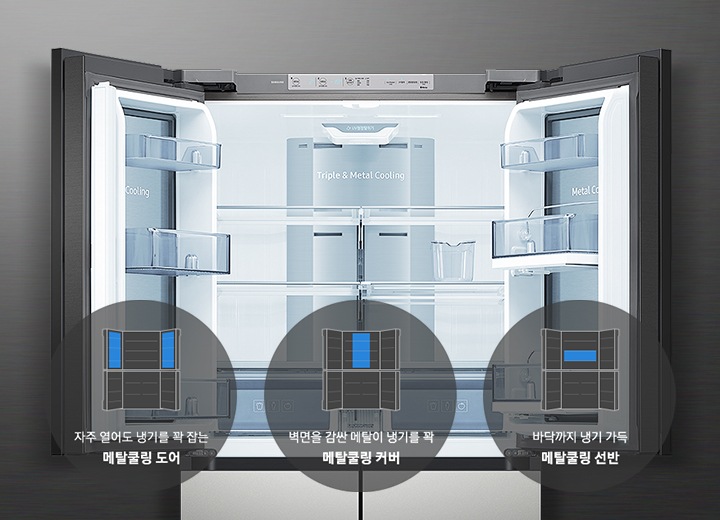 냉장고 내부가 보여지고 그 아래 메탈쿨링 커버, 도어, 선반의 아이콘과 텍스트가 보여집니다.