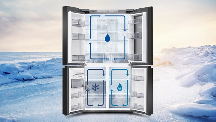 눈밭을 배경으로 상하칸 문이 열린 제품의 모습이 보여지고, 상칸과 하칸에 각각 트리플 독립냉각을 나타내는 인포그래픽이 보여집니다.