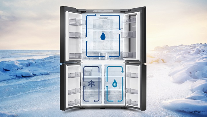 눈밭을 배경으로 상하칸 문이 열린 제품의 모습이 보여지고, 상칸과 하칸에 각각 트리플 독립냉각을 나타내는 인포그래픽이 보여집니다.