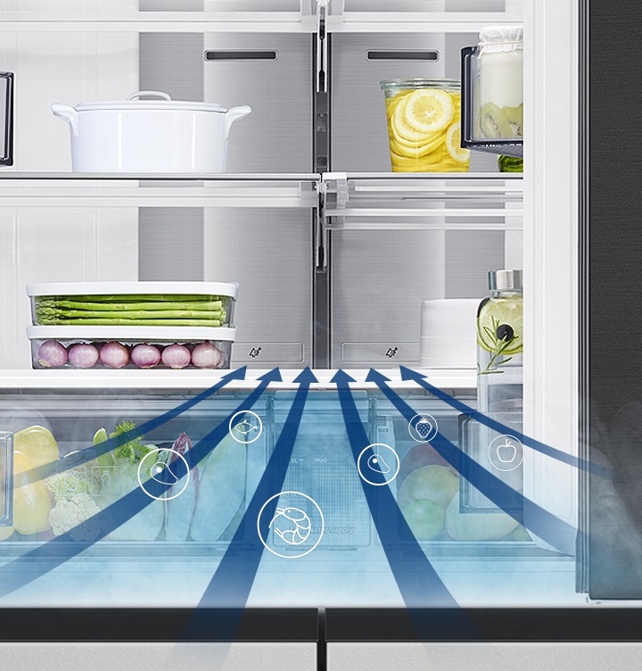 냉장고 안의 청정탈취+부분으로 냉장고 안의 잡내가 빨려 들어가는 모습이 보여지고 있습니다.