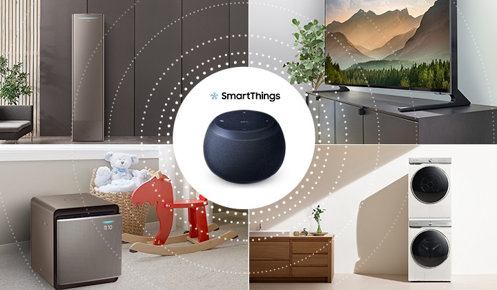 갤럭시 홈 미니로 좌측 상단부터 에어컨, TV, 공기청정기, 세탁기+건조기를 제어할 수 있는 이미지 입니다.