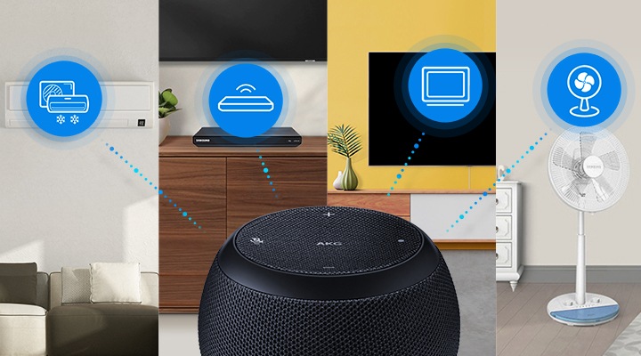 갤럭시 홈 미니로 오래된 가전 (좌측부터 에어컨, TV 셋톱박스, TV, 선풍기)를 제어할 수 있는 이미지 입니다.