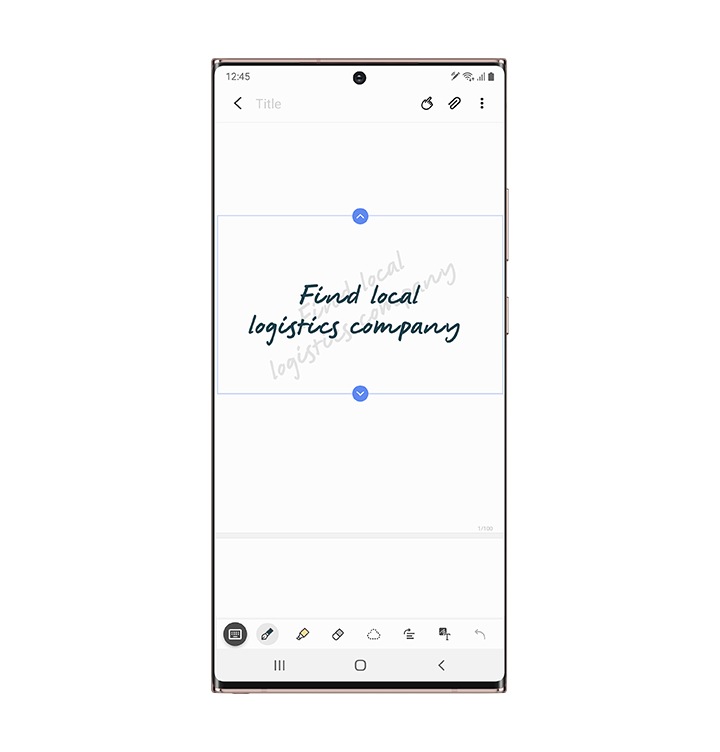 갤럭시 노트20 Ultra 5G 화면에 Samsung Notes 앱이 실행되어 있습니다. 화면에는 'Find local logistics company' 필기체가 적혀 있습니다.