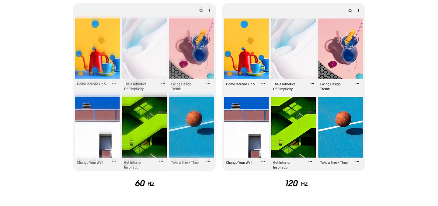 60hz 화면과 120hz 화면이 비교되어 보입니다.