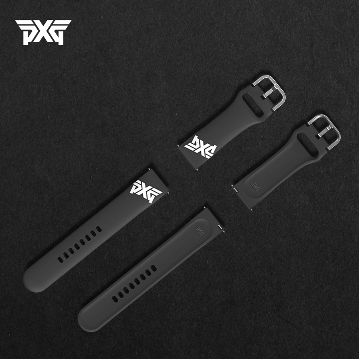 왼쪽 상단에는 PXG 로고가 있고 중앙에는 PXG 에디션 스트랩 겉면, 안쪽면이 보이게 나란히 놓여있습니다.