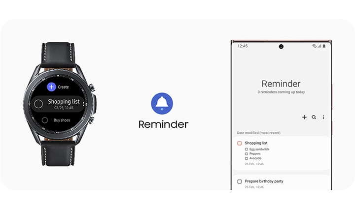Reminder 앱을 워치화면과 모바일 기기 화면에서 보여주고 있습니다.