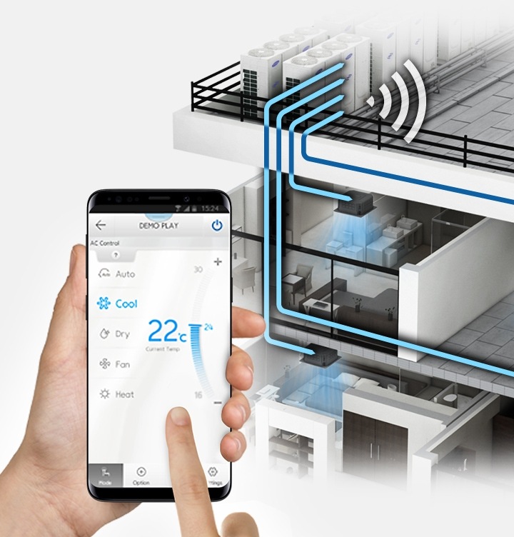 여러층의 건물 내부 단면도 부분 확대컷이 있고 그 안에 각 층마다 실내기가 설치되어 있으며, 상층에는 대형건물용 실외기 DVM S가 설치된 모습입니다. 각 실내기와 실외기가 연결되어 있는 것을 선으로 보여주며 실외기 우측으로 와이파이아이콘이 있습니다. 이미지 좌측에는 실내기를 원격제어하는 어플리케이션 화면의 스마트폰과 스마트폰을 조작중인 사람의 손이 보입니다.