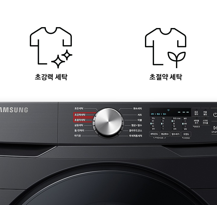 세탁기 제품 전면부 초강력 세탁, 초절약 세탁 부분을 보여주고 있습니다.
