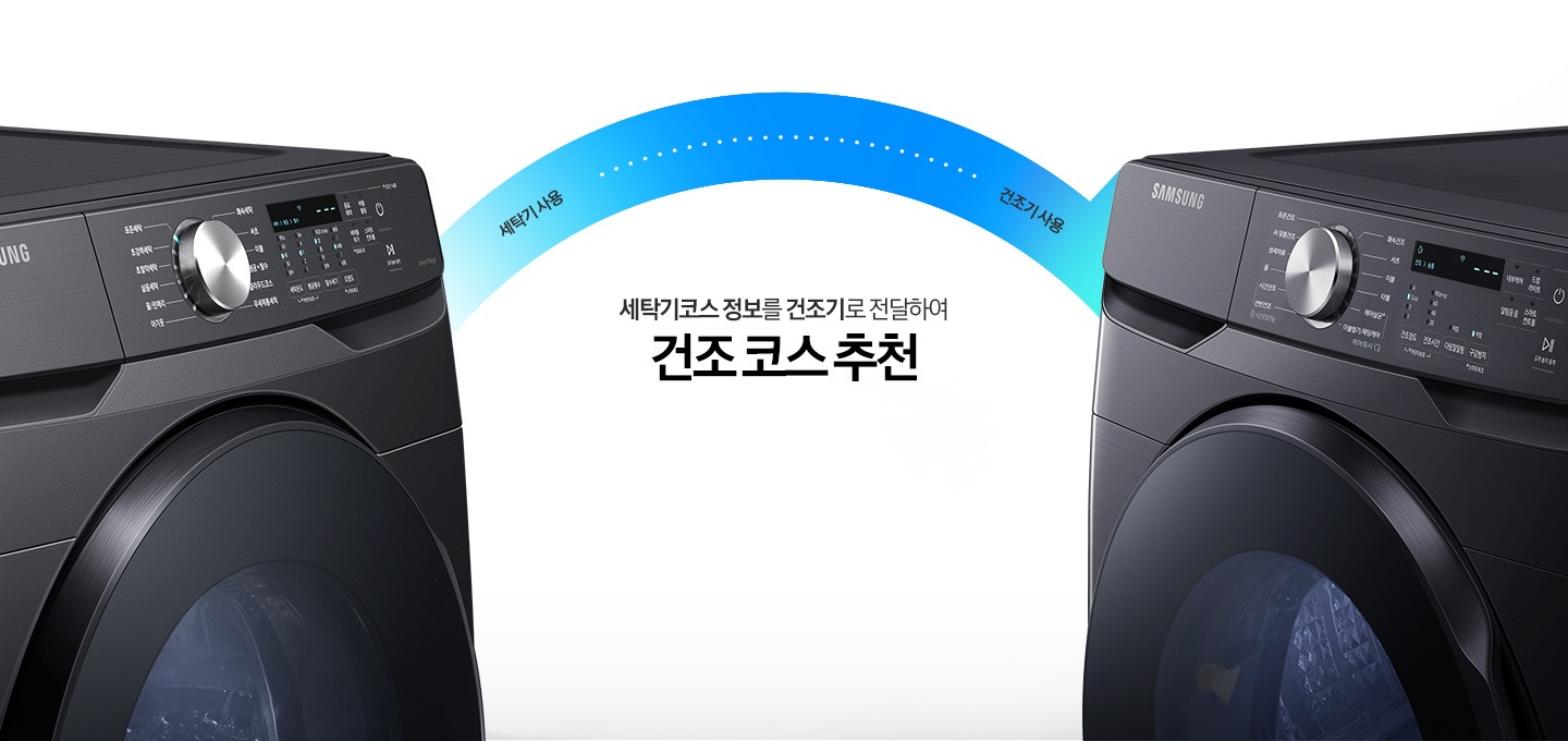 삼성 세탁기 제품과 건조기 제품의 AI 코스연동 기능을 보여주고 있습니다.