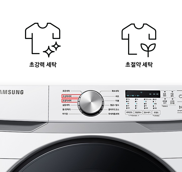 세탁기 제품 전면부 초강력 세탁, 초절약 세탁 부분을 보여주고 있습니다.