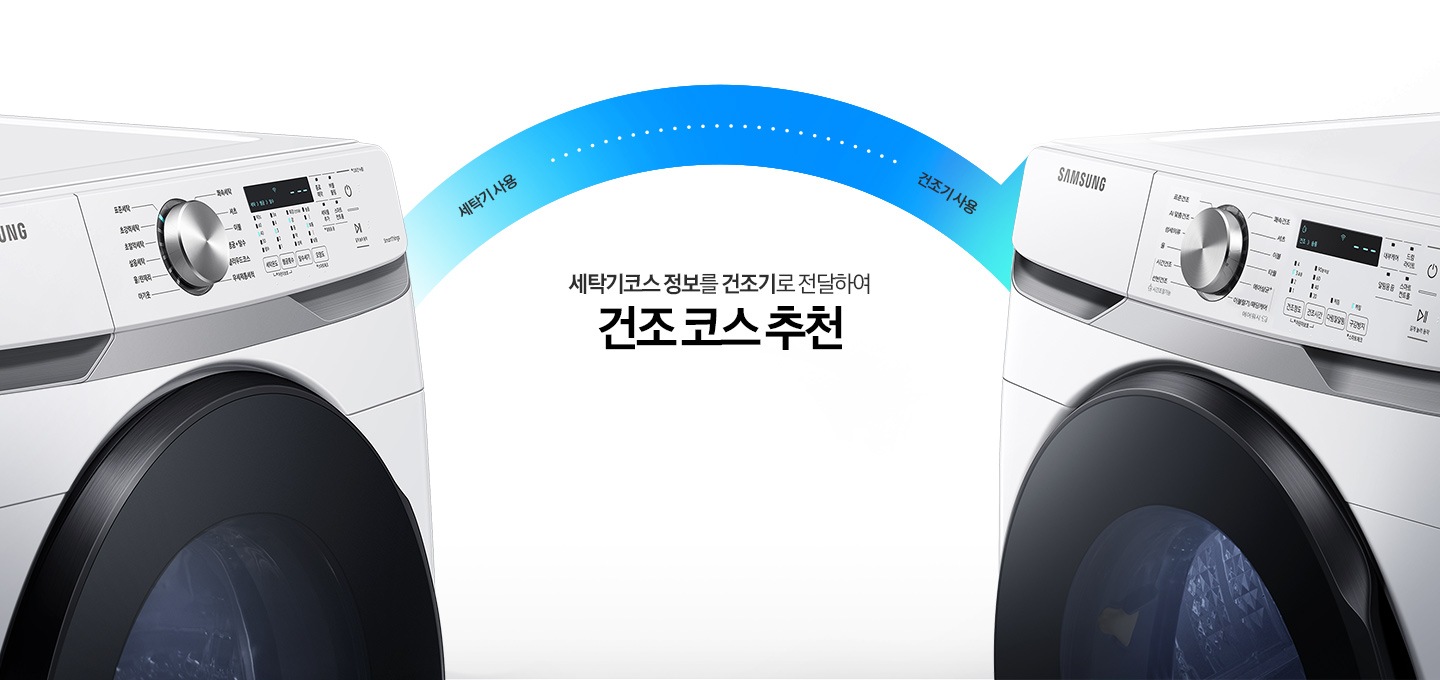 삼성 세탁기 제품과 건조기 제품의 AI 코스연동 기능을 보여주고 있습니다.