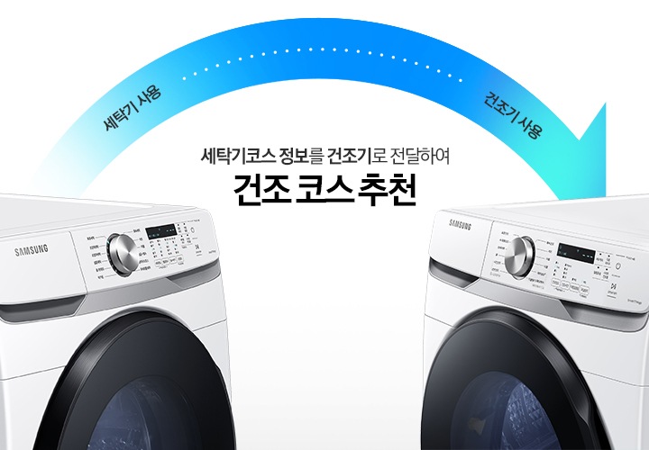 삼성 세탁기 제품과 건조기 제품의 AI 코스연동 기능을 보여주고 있습니다.