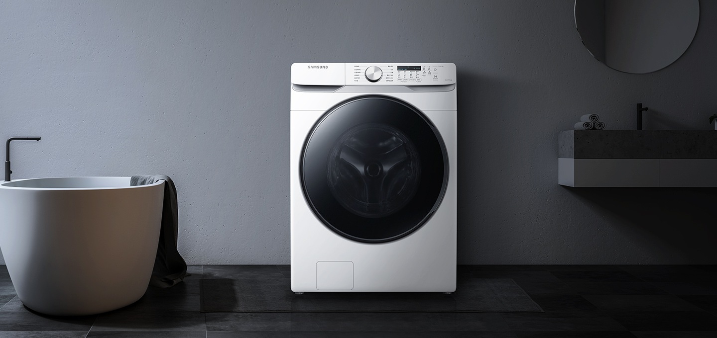 그레이톤의 욕실 가운데 삼성 버블샷 세탁기 제품이 놓여져 있습니다.