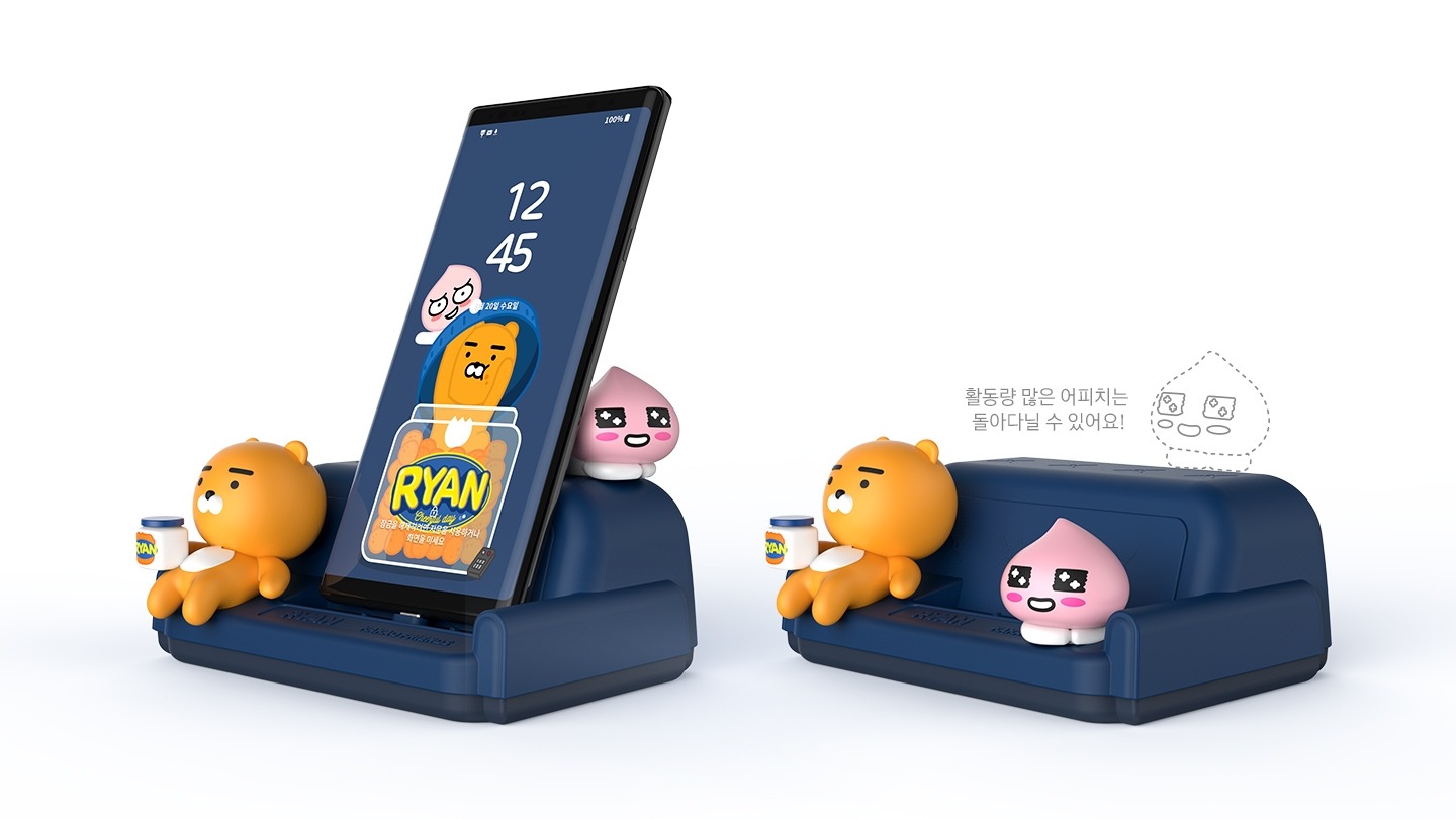 갤럭시 Note9과, 라이언&어피치 스마트 스탠드의 외관 이미지가 보여지고 있습니다.