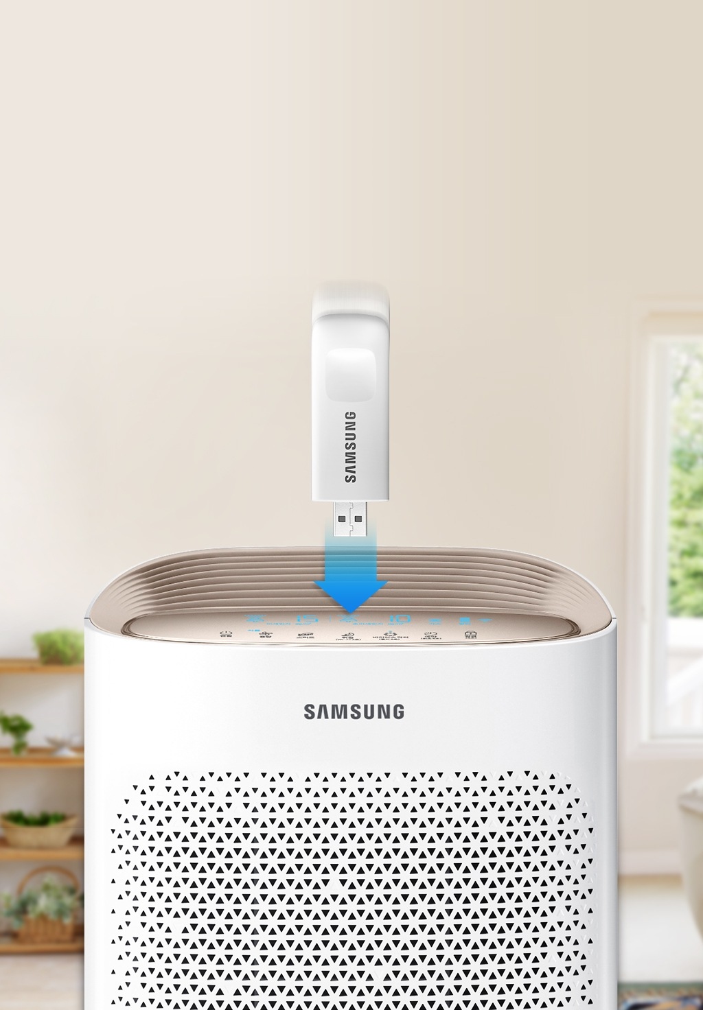 스마트홈 동글 아래로 공기청정기가 있으며 공기청정기 상단을 가리키는 화살표로 플러그인 커넥션 방식을 설명하고 있습니다.