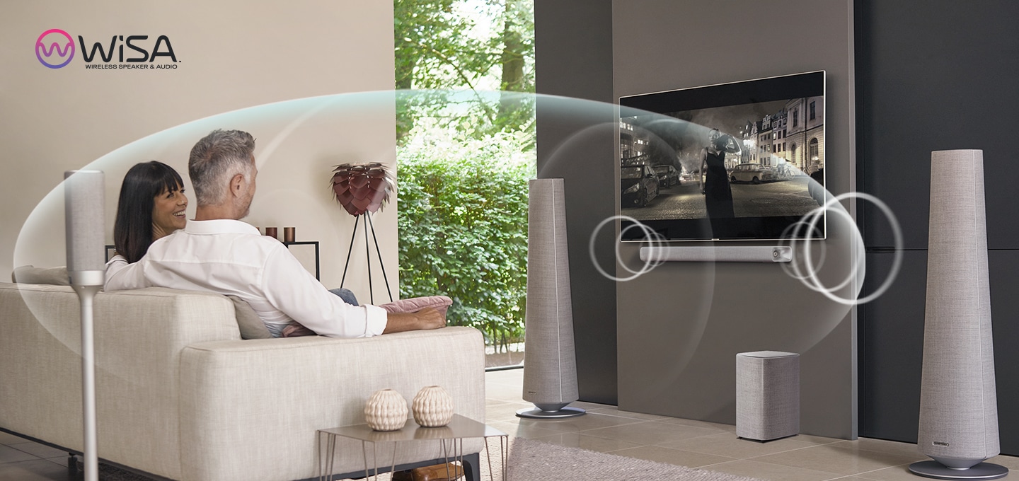 [사용자들이 TV를 보고 있고 cí~tátí~óñ 제품에서 나오는 음파효과가 사용자를 향해 닿아 있습니다.]