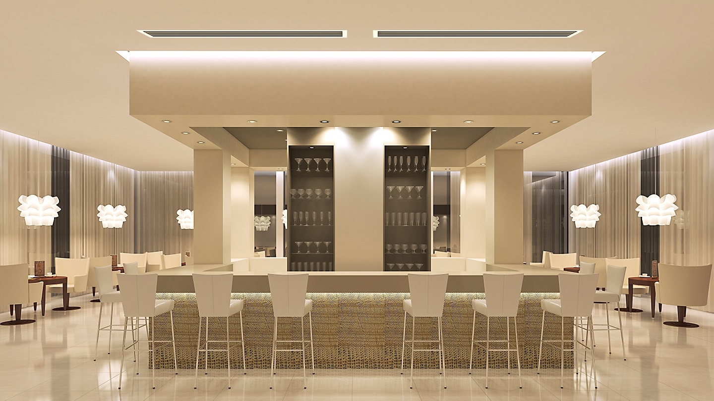 베이지톤의 모던한 바형태의 레스토랑의 모습입니다. 원형테이블과 테이블 체어들이 배치되어 있고, 이미지의 중앙에는 라운지 바가 있으며, 바 테이틀에는 바체어가 있습니다. 공간 중앙 천장에는 천장형 실내기_덕트형고정압(HSP)가 설치되어 있는 모습이 보입니다.