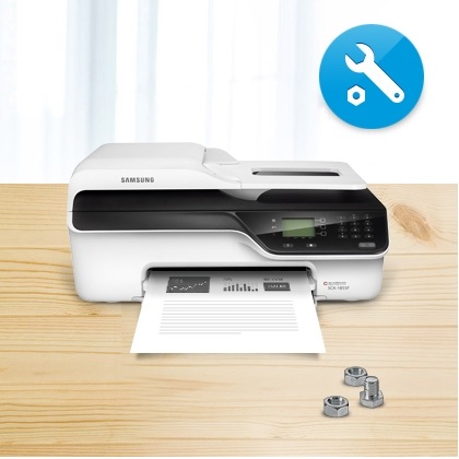 삼성 정품 잉크를 사용했을 때만 이용가능한 정식 A/S를 보여주는 컷으로서, 가운데에 삼성 프린터가 있고 우측 상단에 A/S를 의미하는 로고가 있습니다.