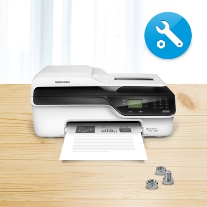 삼성 정품 잉크를 사용했을 때만 이용가능한 정식 A/S를 보여주는 컷으로서, 가운데에 삼성 프린터가 있고 우측 상단에 A/S를 의미하는 로고가 있습니다.