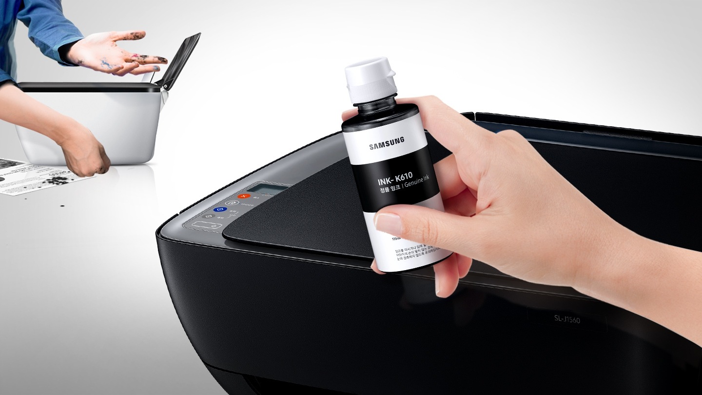 이미지 왼쪽 상단에는 비정품 잉크를 사용하여 손에 잉크가 묻은 이미지가 있고 이미지 오른쪽 하단에는 프린터 오른쪽에서 내려본 이미지와 정품 잉크를 손에 들고 있는 정면 이미지가 있습니다.