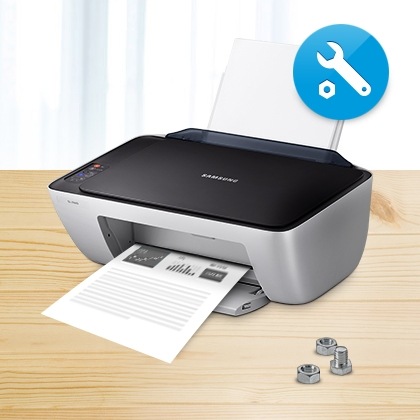 삼성 정품 잉크를 사용했을 때만 이용가능한 정식 A/S를 보여주는 컷으로서, 가운데에 삼성 프린터가 있고 우측 상단에 A/S를 의미하는 로고가 있습니다.