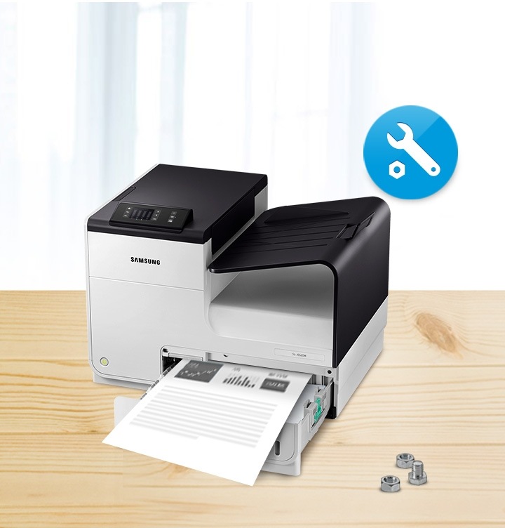 삼성 정품 잉크를 사용했을 때만 이용가능한 정식 A/S를 보여주는 컷으로서, 가운데에 삼성 프린터가 있고 우측 상단에 A/S를 의미하는 로고가 있습니다.